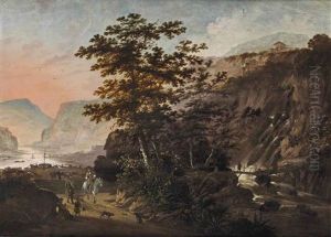 A Mountainous River Landscape With Travellers On A Track Near A Waterfall by Claes Jansz van der Willigen