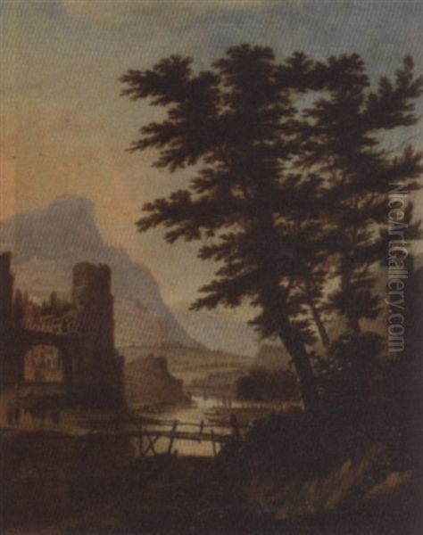 A River Landscape With A Town And Mountains Beyond - view 1