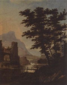 A River Landscape With A Town And Mountains Beyond by Claes Jansz van der Willigen