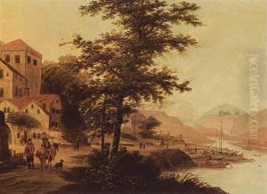 A River Landscape With Fishing Boats Unloading And Travellers On A Path Near A Village by Claes Jansz van der Willigen