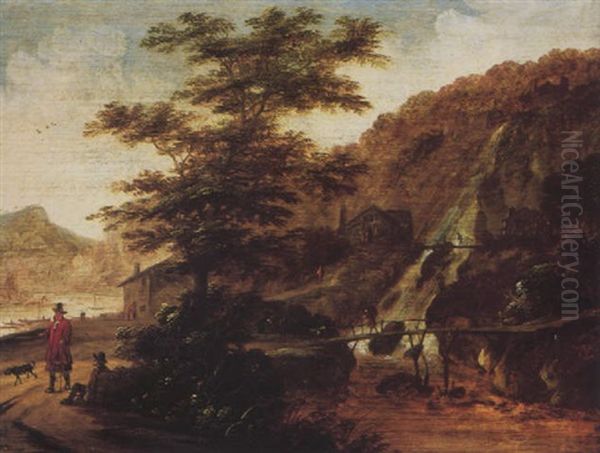 A Wooded River Landscape With Travellers On A Path, Mountains Beyond - view 1