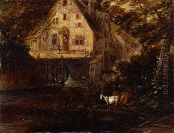 A Wooded Landscape With A Mill And A Goat By A River - view 1