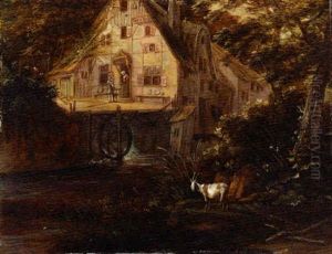 A Wooded Landscape With A Mill And A Goat By A River by Claes Jansz van der Willigen