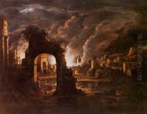 Figures Fleeing A Burning Town, A River Beyond