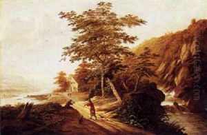 Huntsmen Returning From Their Hunt In A Rhenish Landscape With A Waterfall by Claes Jansz van der Willigen