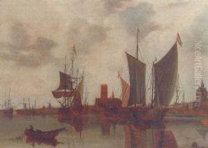 A View Of Rotterdam With Moored Sailing Vessels In The Harbour, The Laurenskerk, Oude Hoofdpoort And Kruithuis Beyond by Claes Jansz van der Willigen