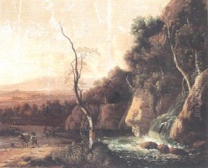 Landskap Med Vattenfall Och Figurer by Claes Jansz van der Willigen