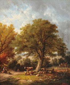 Landscape With Grazing Cattle Under A Tree by Edmund Aylburton Willis