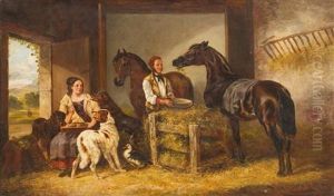 Stable Scene With Man And Lady, Horses And Dogs by Edmund Aylburton Willis