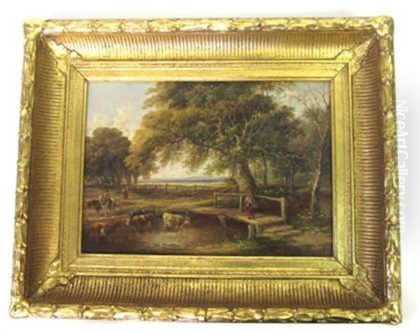 Landscape Of A Woman Crossing A Bridge, Cows And Stream - view 1