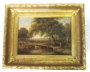 Landscape Of A Woman Crossing A Bridge, Cows And Stream