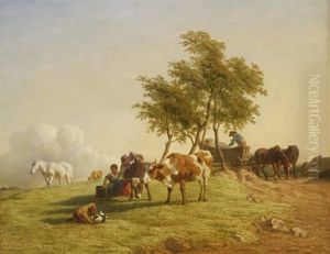 A Pastoral Scene With A Milkmaid And Cattle, A Boy Playing With A Puppy And A Horse-drawn Cart Beyond