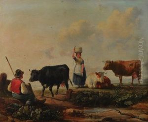 Landscape With Farm Folk And Cattle by Henry Brittan Willis, R.W.S.