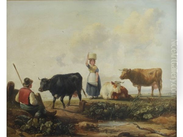 A Milkmaid And Three Cows Watched By A Seated Figure - view 1