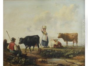 A Milkmaid And Three Cows Watched By A Seated Figure by Henry Brittan Willis, R.W.S.