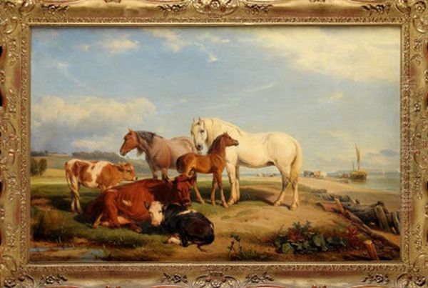 Horses And Cattle Near An Estuary With A Hay Barge Loading In The Distance - view 1