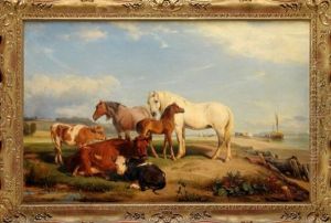 Horses And Cattle Near An Estuary With A Hay Barge Loading In The Distance