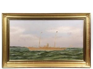 Yacht Portrait, Portside View, Shoreline Behind by Thomas H. Willis