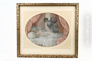 Young 18th C. Frenchman With Large Floral Bouquet Looks In On A Lightly Clad Woman Asleep In Her Draped Canopy Bed by Vera Willoughby