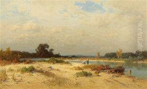 Bavarian River Landscape With Women Gathering Wood by Josef Willroider