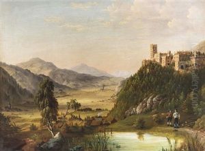 Weiter Blick In Ein Tal Mit Groser Burganlage Und Personenstaffage by Josef Willroider