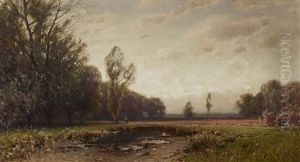 Hunter With Dog In Moorland Landscape by Ludwig Willroider