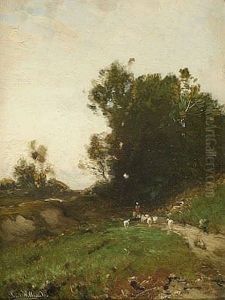 Landschaft Mit Schaferin Und Ihrer Herde by Ludwig Willroider