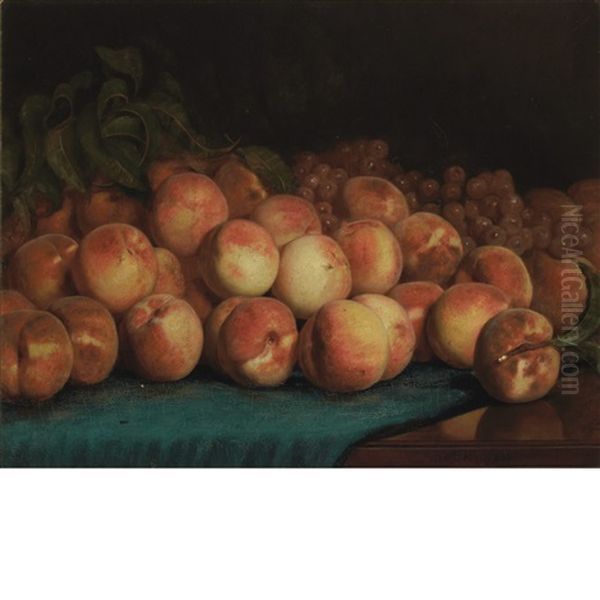 Peaches And Grapes On A Cloth Covered Table - view 1