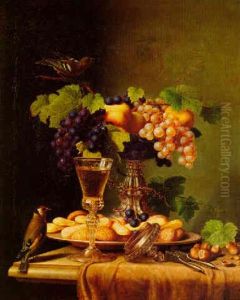 Still Life With Fruit, Wine Glass, Nuts And Birds On A Marble Ledge by Peter Joseph Wilms