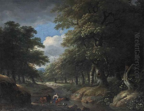 A Wooded Landscape With A Milkmaid And Shepherd, With Sheep, Cattle And A Goat By A Stream, Travellers On A Path Beyond - view 1