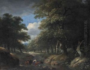 A Wooded Landscape With A Milkmaid And Shepherd, With Sheep, Cattle And A Goat By A Stream, Travellers On A Path Beyond A Wooded Landscape With A Milkmaid And Shepherd, With Sheep, Cattle And A Goat By A Stream, Travellers On A Path Beyond