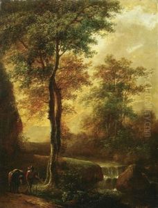 Wanderer Mit Seinem Esel Auf Dem Weg Am Waldbach