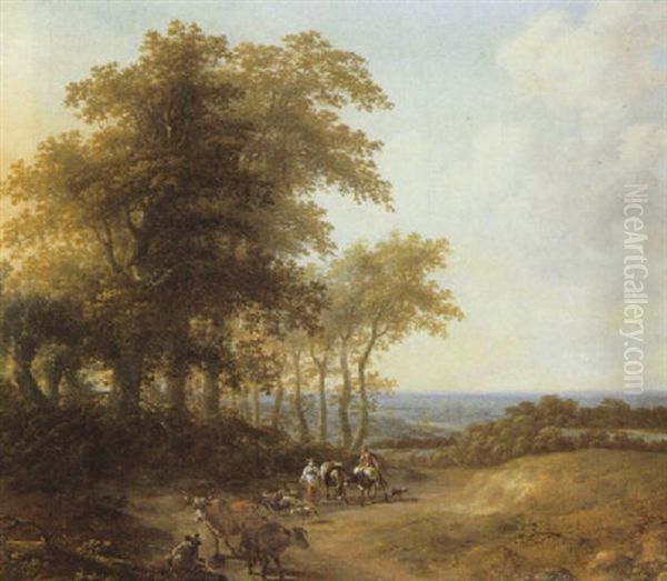 A Shepherdess And A Cowherd Returning With Their Livestock Along A Path Beside A Wood At Sunset With Landscape Beyond - view 1