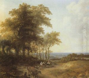 A Shepherdess And A Cowherd Returning With Their Livestock Along A Path Beside A Wood At Sunset With Landscape Beyond by Jan Wils
