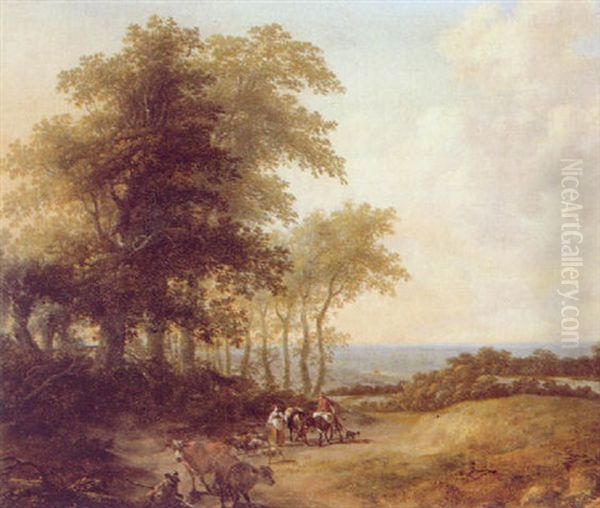 A Shepherdess And A Cowherd Returning With Their Livestock Along A Path Beside A Wood At Sunset - view 1