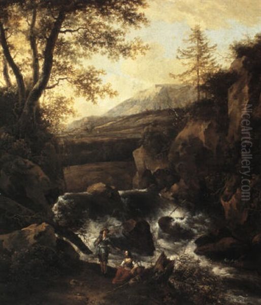 A Hilly Landscape With Figures By A Waterfall - view 1