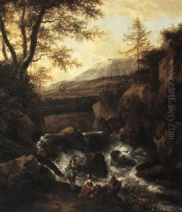 A Hilly Landscape With Figures By A Waterfall A Hilly Landscape With Figures By A Waterfall
