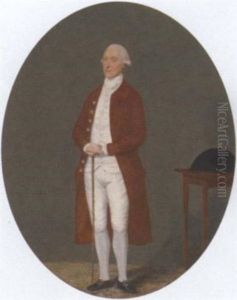 Portrait Of A Gentleman In A Brown Coat And White Waistcoat And Breeches, Holding A Cane, A Tricorn On A Table Beside Him by Benjamin Wilson