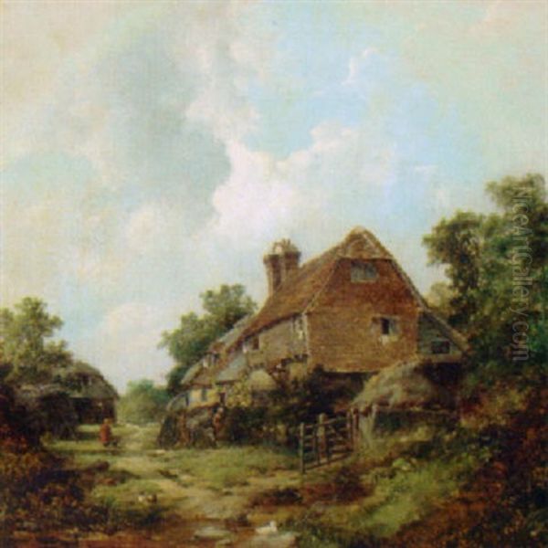 Figures Before A Cottage With A Barn Beyond - view 1