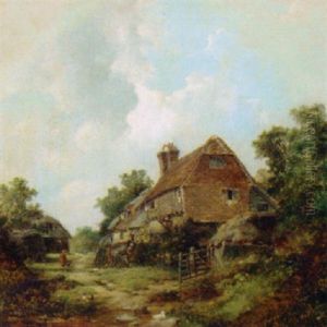 Figures Before A Cottage With A Barn Beyond