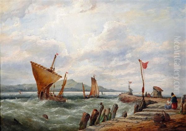 Blustery Day With Figures On A Jetty And Fishing Boats Off Shore - view 1