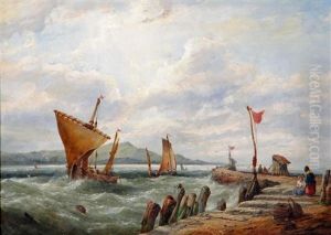 Blustery Day With Figures On A Jetty And Fishing Boats Off Shore by John James Wilson
