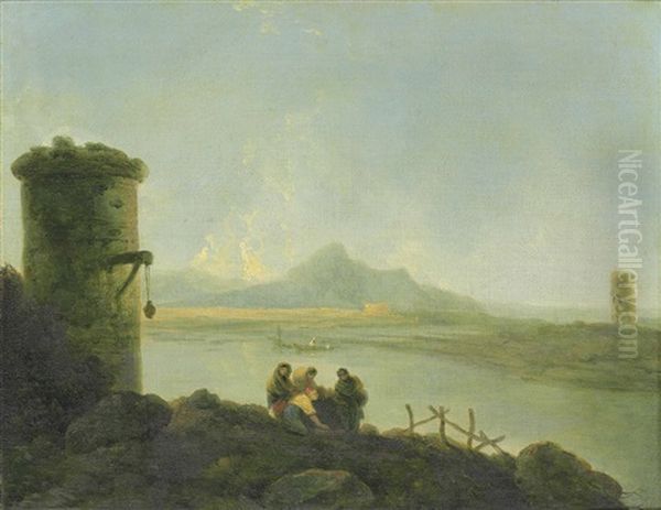 A River Landscape With Figures, Mountains Beyond - view 1