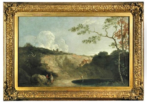 A Castle In Wales With Figures Conversing By A Lake - view 1