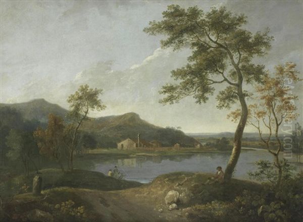 Figures Resting On A River Bank, A Village Beyond In A William Kent Style Frame - view 1
