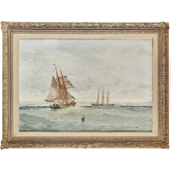 Fishing Vessel And Merchantman Off The Coast - view 1