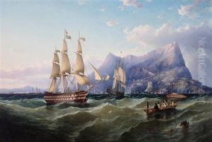 A View Of The Rock Of Gibraltar With Frigates And A Dinghy With Figures In The Foreground