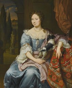 Portrait Of A Lady With Her Lap Dog, Seated, Three-quarter Length, Leaning With One Arm On A Table Draped In A Patterned Carpet