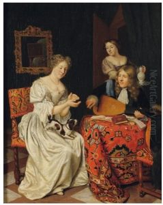 Interieur Galant Avec Elegante Au Chien Et Joueur De Luth