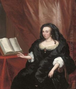 Portrait Of A Lady In A Black Dress And Wrap, An Open Book To Her Right by Thomas van der Wilt